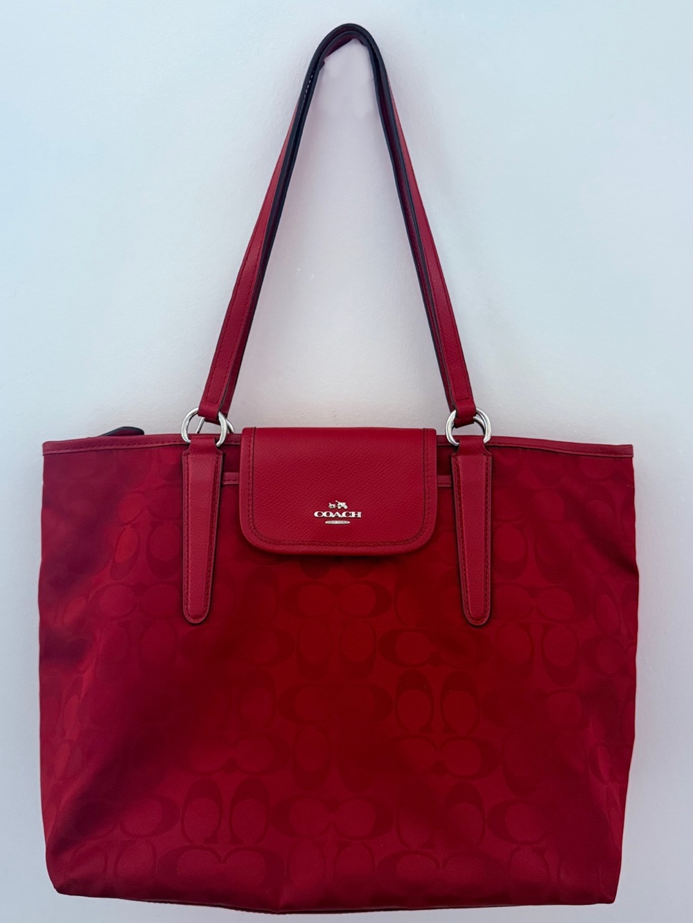 Coach Red Signature Logo Tote with Leather Accents